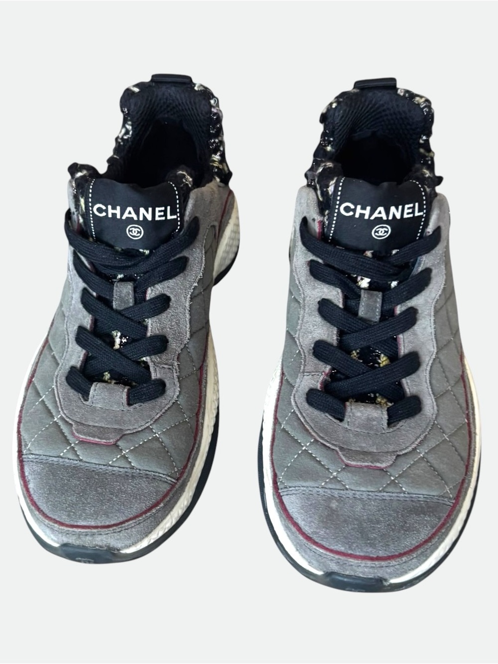 Chanel 2022 Interlocking CC Logo Quilted Suede and Tweed Sneakers 36.5